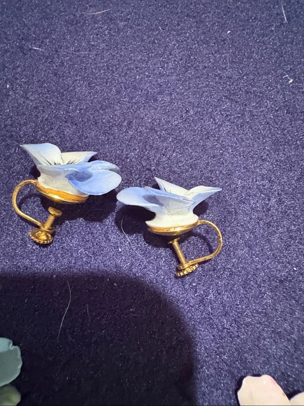 Vintage porcelain Flower clip and stud Earrings - Blue and Pink Floral Set